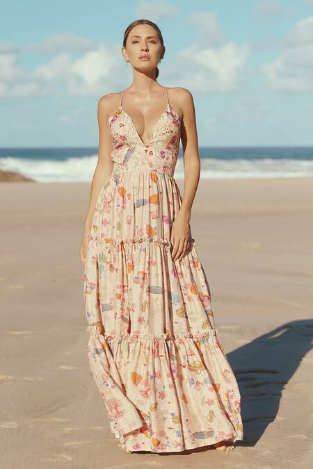 Sruti Dalmia Pink Satin Embroidery Plunge Neck Hand Bodice Dress Online at Aza Fashions Sruti Dalmia_Pink Satin Embroidery Plunge Neck Hand Bodice Dress_Online_at_Aza_Fashions