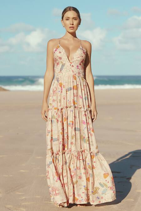 Buy Sruti Dalmia Pink Satin Embroidery Plunge Neck Hand Bodice Dress Online at Aza Fashions Buy_Sruti Dalmia_Pink Satin Embroidery Plunge Neck Hand Bodice Dress_Online_at_Aza_Fashions