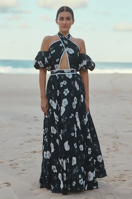 Sruti Dalmia_Black Silk, Bamboo, Viscose Embroidery Crew Front Cut-out Hibiscus Print Dress_Online_at_Aza_Fashions