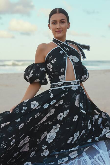 Buy_Sruti Dalmia_Black Silk, Bamboo, Viscose Embroidery Crew Front Cut-out Hibiscus Print Dress_Online_at_Aza_Fashions