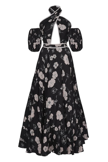 Sruti Dalmia_Black Silk, Bamboo, Viscose Embroidery Crew Front Cut-out Hibiscus Print Dress_at_Aza_Fashions