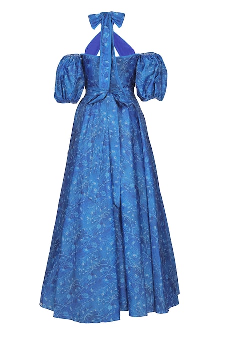 Sruti Dalmia_Blue Cotton, Silk Crew Neck Front Cut-out Shibori Print Dress_Online_at_Aza_Fashions