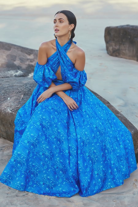 Shop_Sruti Dalmia_Blue Cotton, Silk Crew Neck Front Cut-out Shibori Print Dress_Online_at_Aza_Fashions