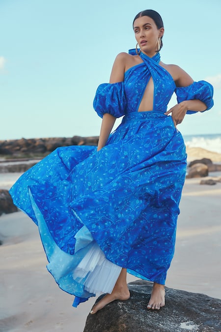 Sruti Dalmia_Blue Cotton, Silk Crew Neck Front Cut-out Shibori Print Dress_at_Aza_Fashions