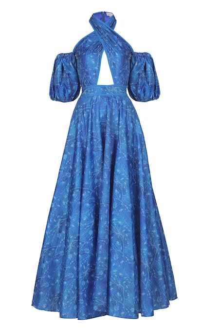 Buy_Sruti Dalmia_Blue Cotton, Silk Crew Neck Front Cut-out Shibori Print Dress