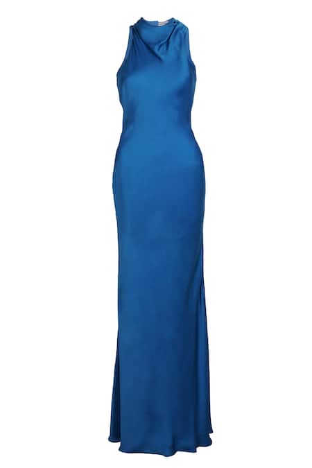 Sruti Dalmia_Blue Satin Cowl Neck Bodycon Dress_at_Aza_Fashions