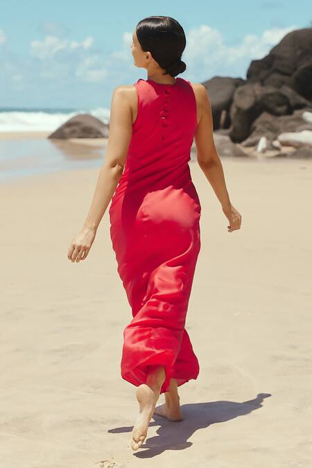 Shop Sruti Dalmia Red Satin Cowl Neck Bodycon Dress at Aza Fashions Shop_Sruti Dalmia_Red Satin Cowl Neck Bodycon Dress_at_Aza_Fashions