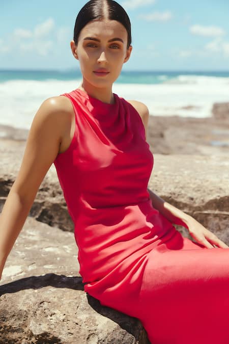 Shop Sruti Dalmia Red Satin Cowl Neck Bodycon Dress Online at Aza Fashions Shop_Sruti Dalmia_Red Satin Cowl Neck Bodycon Dress_Online_at_Aza_Fashions