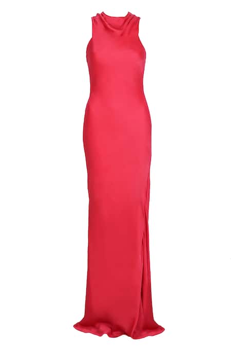 Sruti Dalmia Red Satin Cowl Neck Bodycon Dress at Aza Fashions Sruti Dalmia_Red Satin Cowl Neck Bodycon Dress_at_Aza_Fashions