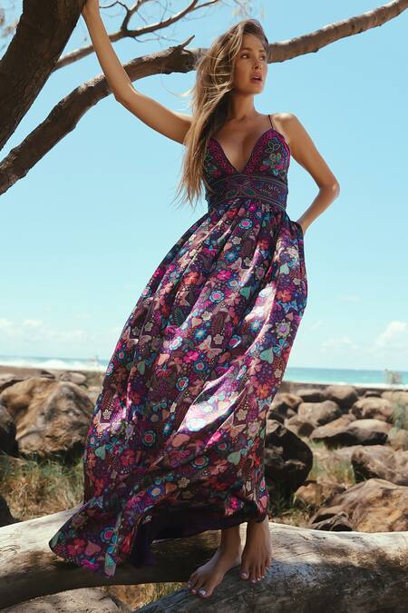 Shop_Sruti Dalmia_Purple Tencel, Satin Embroidery, Beads Plunge Neck Butterfly Maxi Dress_Online_at_Aza_Fashions