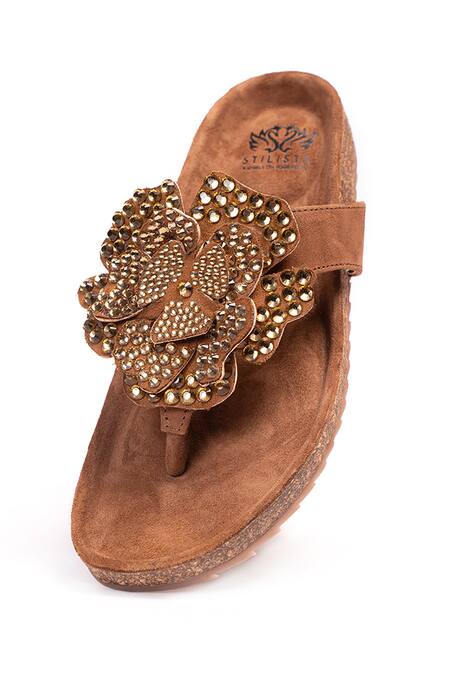 Stilista_Brown Embellished Leather Flats _Online_at_Aza_Fashions