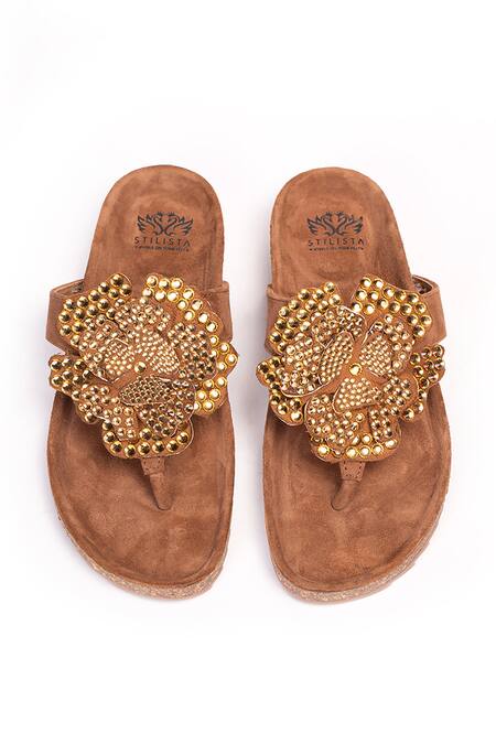 Buy_Stilista_Brown Embellished Leather Flats _Online_at_Aza_Fashions