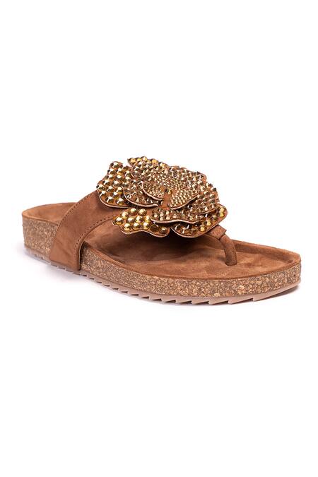 Shop_Stilista_Brown Embellished Leather Flats _Online_at_Aza_Fashions