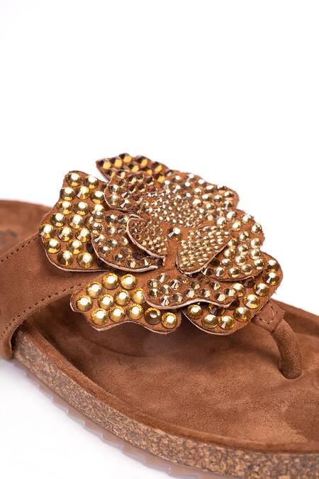 Stilista_Brown Embellished Leather Flats _at_Aza_Fashions