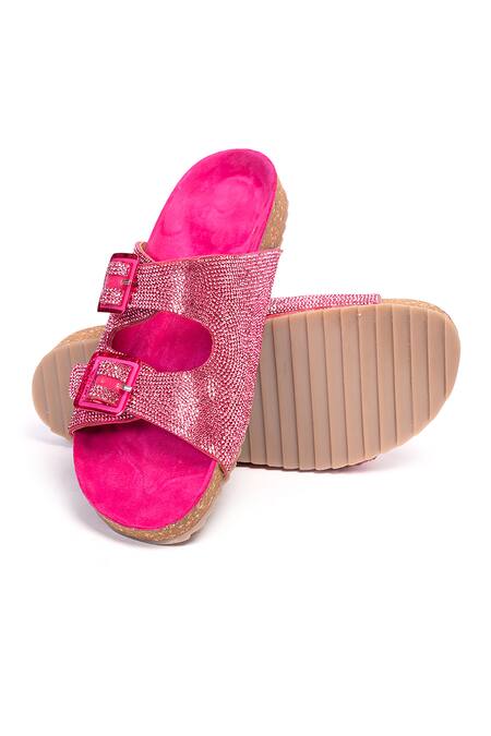 Shop Stilista Fuchsia Stone Embellished Sparkling Gem Leather Flats at Aza Fashions Shop_Stilista_Fuchsia Stone Embellished Sparkling Gem Leather Flats_at_Aza_Fashions