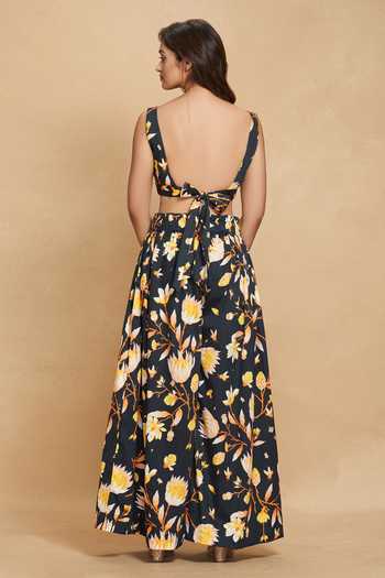 Shop Gulabo By Abu Sandeep Black Cotton Satin Lotus Bloom Print Circular Skirt at Aza Fashions Shop_Gulabo By Abu Sandeep_Black Cotton Satin Lotus Bloom Print Circular Skirt _at_Aza_Fashions
