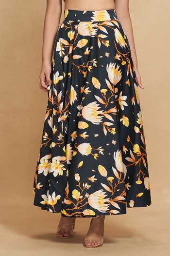 Gulabo By Abu Sandeep Black Cotton Satin Lotus Bloom Print Circular Skirt Online at Aza Fashions Gulabo By Abu Sandeep_Black Cotton Satin Lotus Bloom Print Circular Skirt _Online_at_Aza_Fashions