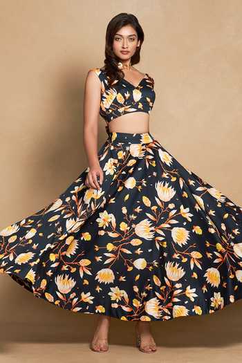 Buy Gulabo By Abu Sandeep Black Cotton Satin Lotus Bloom Print Circular Skirt Online at Aza Fashions Buy_Gulabo By Abu Sandeep_Black Cotton Satin Lotus Bloom Print Circular Skirt _Online_at_Aza_Fashions