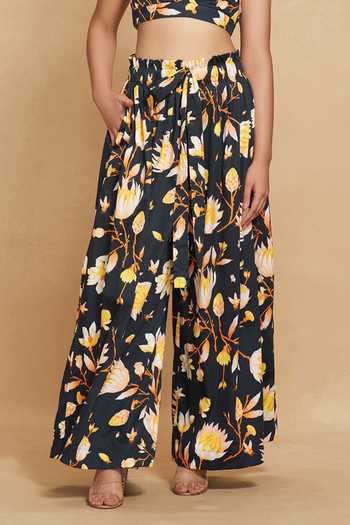Gulabo By Abu Sandeep Black Cotton Satin Lotus Bloom Print Flared Pant Online at Aza Fashions Gulabo By Abu Sandeep_Black Cotton Satin Lotus Bloom Print Flared Pant _Online_at_Aza_Fashions