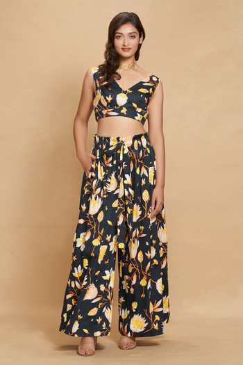 Buy Gulabo By Abu Sandeep Black Cotton Satin Lotus Bloom Print Flared Pant Online at Aza Fashions Buy_Gulabo By Abu Sandeep_Black Cotton Satin Lotus Bloom Print Flared Pant _Online_at_Aza_Fashions