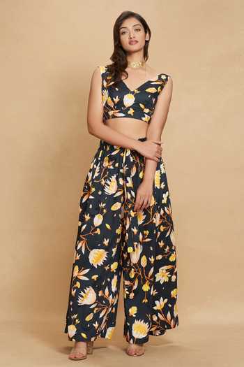 Shop Gulabo By Abu Sandeep Black Cotton Satin Lotus Bloom Print Flared Pant Online at Aza Fashions Shop_Gulabo By Abu Sandeep_Black Cotton Satin Lotus Bloom Print Flared Pant _Online_at_Aza_Fashions