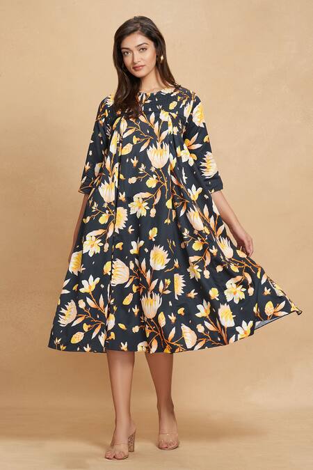 Gulabo By Abu Sandeep_Black Cotton Satin Digital Printed Lotus Round Bloom Tunic_Online_at_Aza_Fashions