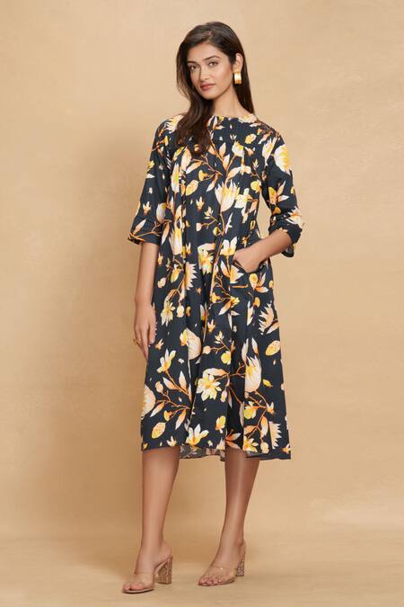 Buy_Gulabo By Abu Sandeep_Black Cotton Satin Digital Printed Lotus Round Bloom Tunic_Online_at_Aza_Fashions