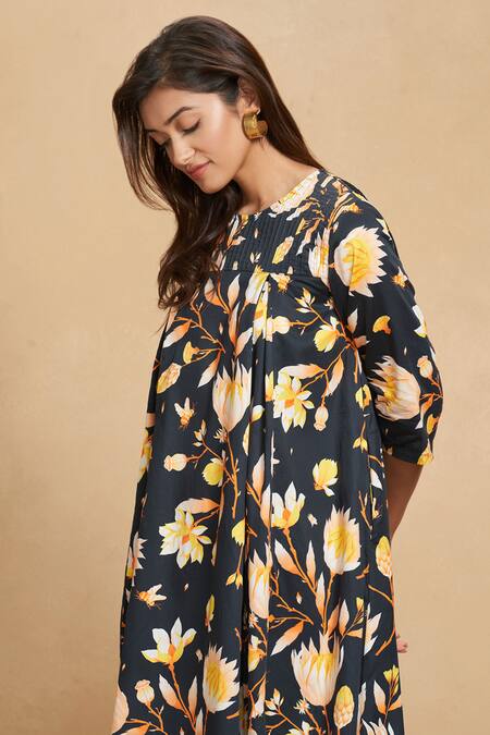 Shop_Gulabo By Abu Sandeep_Black Cotton Satin Digital Printed Lotus Round Bloom Tunic_Online_at_Aza_Fashions