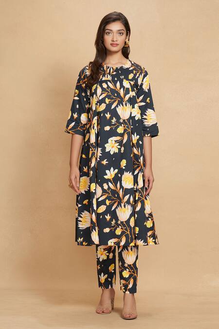 Gulabo By Abu Sandeep_Black Cotton Satin Digital Printed Lotus Round Bloom Tunic_at_Aza_Fashions