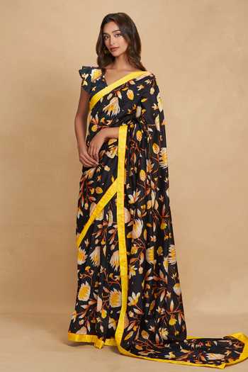 Shop Gulabo By Abu Sandeep Black Chanderi Lotus Bloom Print Saree at Aza Fashions Shop_Gulabo By Abu Sandeep_Black Chanderi Lotus Bloom Print Saree _at_Aza_Fashions