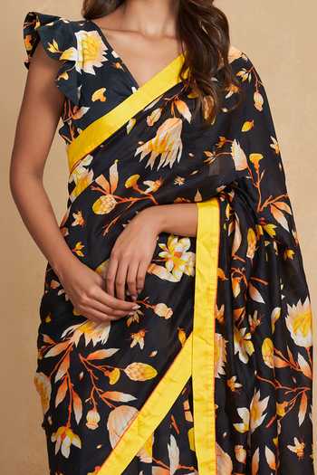 Gulabo By Abu Sandeep Black Chanderi Lotus Bloom Print Saree Online at Aza Fashions Gulabo By Abu Sandeep_Black Chanderi Lotus Bloom Print Saree _Online_at_Aza_Fashions