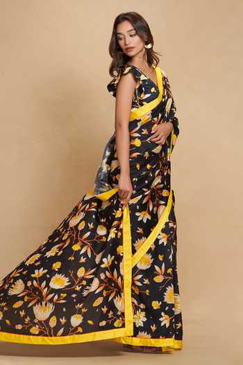 Shop Gulabo By Abu Sandeep Black Chanderi Lotus Bloom Print Saree Online at Aza Fashions Shop_Gulabo By Abu Sandeep_Black Chanderi Lotus Bloom Print Saree _Online_at_Aza_Fashions