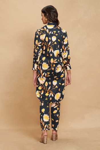 Shop Gulabo By Abu Sandeep Black Cotton Satin Lotus Collar Print Shirt at Aza Fashions Shop_Gulabo By Abu Sandeep_Black Cotton Satin Lotus Collar Print Shirt _at_Aza_Fashions