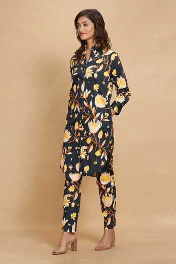 Gulabo By Abu Sandeep Black Cotton Satin Lotus Collar Print Shirt Online at Aza Fashions Gulabo By Abu Sandeep_Black Cotton Satin Lotus Collar Print Shirt _Online_at_Aza_Fashions