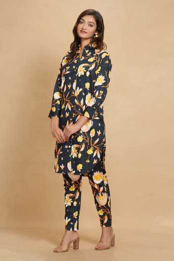 Buy Gulabo By Abu Sandeep Black Cotton Satin Lotus Collar Print Shirt Online at Aza Fashions Buy_Gulabo By Abu Sandeep_Black Cotton Satin Lotus Collar Print Shirt _Online_at_Aza_Fashions