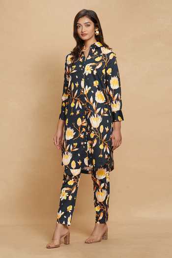 Shop Gulabo By Abu Sandeep Black Cotton Satin Lotus Collar Print Shirt Online at Aza Fashions Shop_Gulabo By Abu Sandeep_Black Cotton Satin Lotus Collar Print Shirt _Online_at_Aza_Fashions
