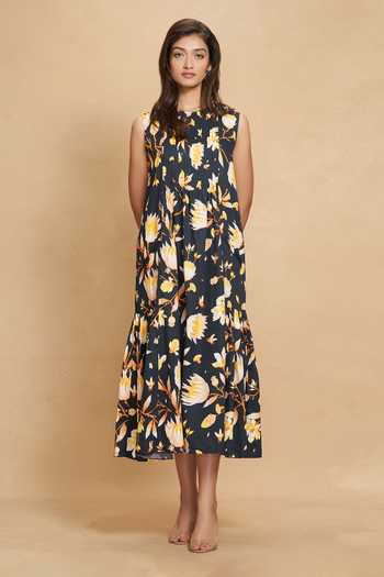 Gulabo By Abu Sandeep Black Cotton Satin Lotus Round Bloom Print Dress Online at Aza Fashions Gulabo By Abu Sandeep_Black Cotton Satin Lotus Round Bloom Print Dress _Online_at_Aza_Fashions