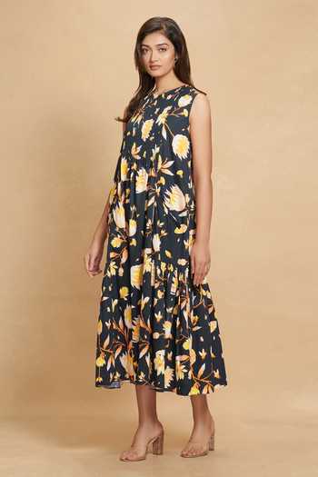 Shop Gulabo By Abu Sandeep Black Cotton Satin Lotus Round Bloom Print Dress Online at Aza Fashions Shop_Gulabo By Abu Sandeep_Black Cotton Satin Lotus Round Bloom Print Dress _Online_at_Aza_Fashions