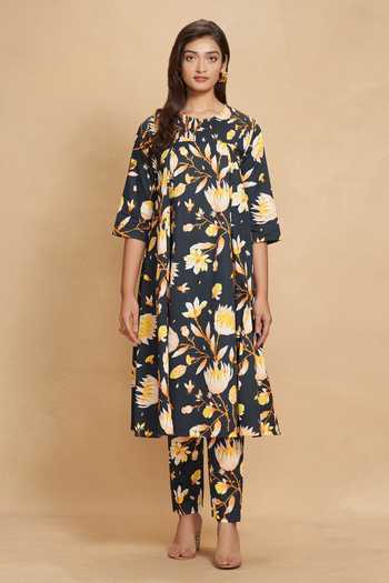 Gulabo By Abu Sandeep Black Cotton Satin Lotus Bloom Print Straight Pant Online at Aza Fashions Gulabo By Abu Sandeep_Black Cotton Satin Lotus Bloom Print Straight Pant _Online_at_Aza_Fashions