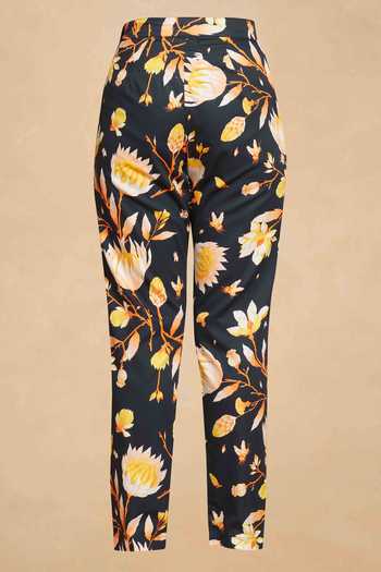 Shop Gulabo By Abu Sandeep Black Cotton Satin Lotus Bloom Print Straight Pant Online at Aza Fashions Shop_Gulabo By Abu Sandeep_Black Cotton Satin Lotus Bloom Print Straight Pant _Online_at_Aza_Fashions