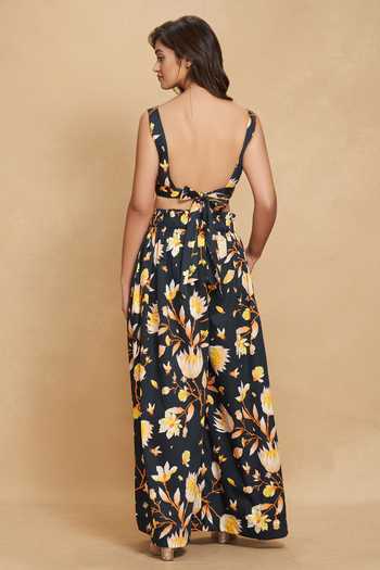 Shop Gulabo By Abu Sandeep Black Cotton Satin Lotus V Neck Floral Print Back Bow Top at Aza Fashions Shop_Gulabo By Abu Sandeep_Black Cotton Satin Lotus V Neck Floral Print Back Bow Top _at_Aza_Fashions
