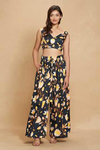 Gulabo By Abu Sandeep Black Cotton Satin Lotus V Neck Floral Print Back Bow Top Online at Aza Fashions Gulabo By Abu Sandeep_Black Cotton Satin Lotus V Neck Floral Print Back Bow Top _Online_at_Aza_Fashions
