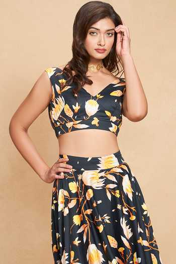 Buy Gulabo By Abu Sandeep Black Cotton Satin Lotus V Neck Floral Print Back Bow Top Online at Aza Fashions Buy_Gulabo By Abu Sandeep_Black Cotton Satin Lotus V Neck Floral Print Back Bow Top _Online_at_Aza_Fashions