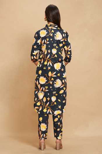 Shop Gulabo By Abu Sandeep Black Cotton Satin Lotus Band V Neck Bloom Print High-low Hem Tunic at Aza Fashions Shop_Gulabo By Abu Sandeep_Black Cotton Satin Lotus Band V Neck Bloom Print High-low Hem Tunic _at_Aza_Fashions