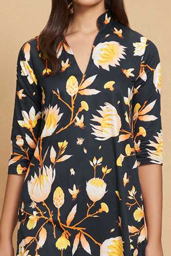 Gulabo By Abu Sandeep Black Cotton Satin Lotus Band V Neck Bloom Print High-low Hem Tunic Online at Aza Fashions Gulabo By Abu Sandeep_Black Cotton Satin Lotus Band V Neck Bloom Print High-low Hem Tunic _Online_at_Aza_Fashions