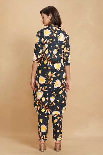 Shop Gulabo By Abu Sandeep Black Cotton Satin Lotus Band V Neck Bloom Print High-low Hem Tunic Online at Aza Fashions Shop_Gulabo By Abu Sandeep_Black Cotton Satin Lotus Band V Neck Bloom Print High-low Hem Tunic _Online_at_Aza_Fashions