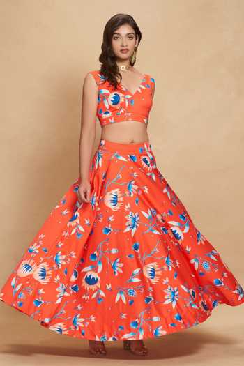 Buy Gulabo By Abu Sandeep Red Cotton Satin Floral Bloom Print Circular Skirt Online at Aza Fashions Buy_Gulabo By Abu Sandeep_Red Cotton Satin Floral Bloom Print Circular Skirt _Online_at_Aza_Fashions