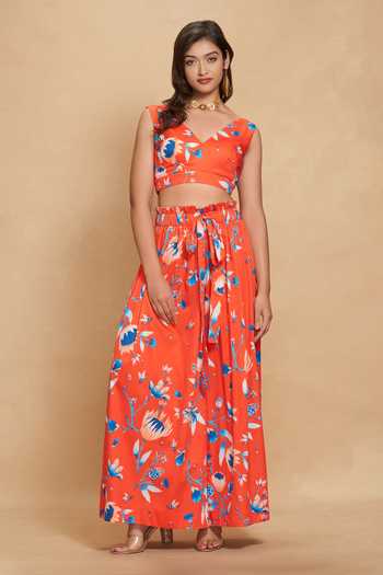 Gulabo By Abu Sandeep Red Cotton Satin Lotus Floral Bloom Print Flared Pant Online at Aza Fashions Gulabo By Abu Sandeep_Red Cotton Satin Lotus Floral Bloom Print Flared Pant _Online_at_Aza_Fashions
