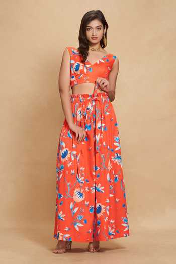 Buy Gulabo By Abu Sandeep Red Cotton Satin Lotus Floral Bloom Print Flared Pant Online at Aza Fashions Buy_Gulabo By Abu Sandeep_Red Cotton Satin Lotus Floral Bloom Print Flared Pant _Online_at_Aza_Fashions