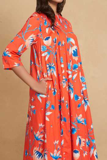 Shop Gulabo By Abu Sandeep Red Cotton Satin Lotus Round Floral Bloom Print Tunic Online at Aza Fashions Shop_Gulabo By Abu Sandeep_Red Cotton Satin Lotus Round Floral Bloom Print Tunic _Online_at_Aza_Fashions